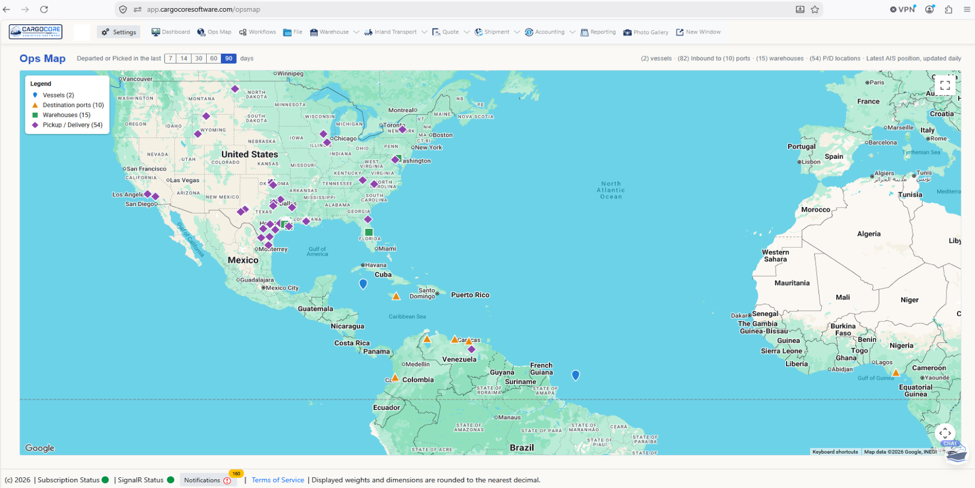 CargoCore Ops Map showing live vessels, ports, warehouses and pickup and delivery orders on one world map