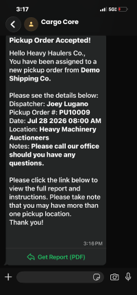Automated WhatsApp shipment update sent to a client from CargoCore